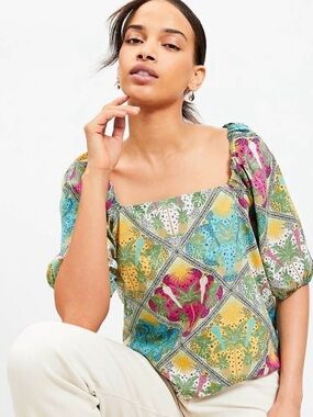 LOFT Multi-Color Floral Square-Neck Blouse